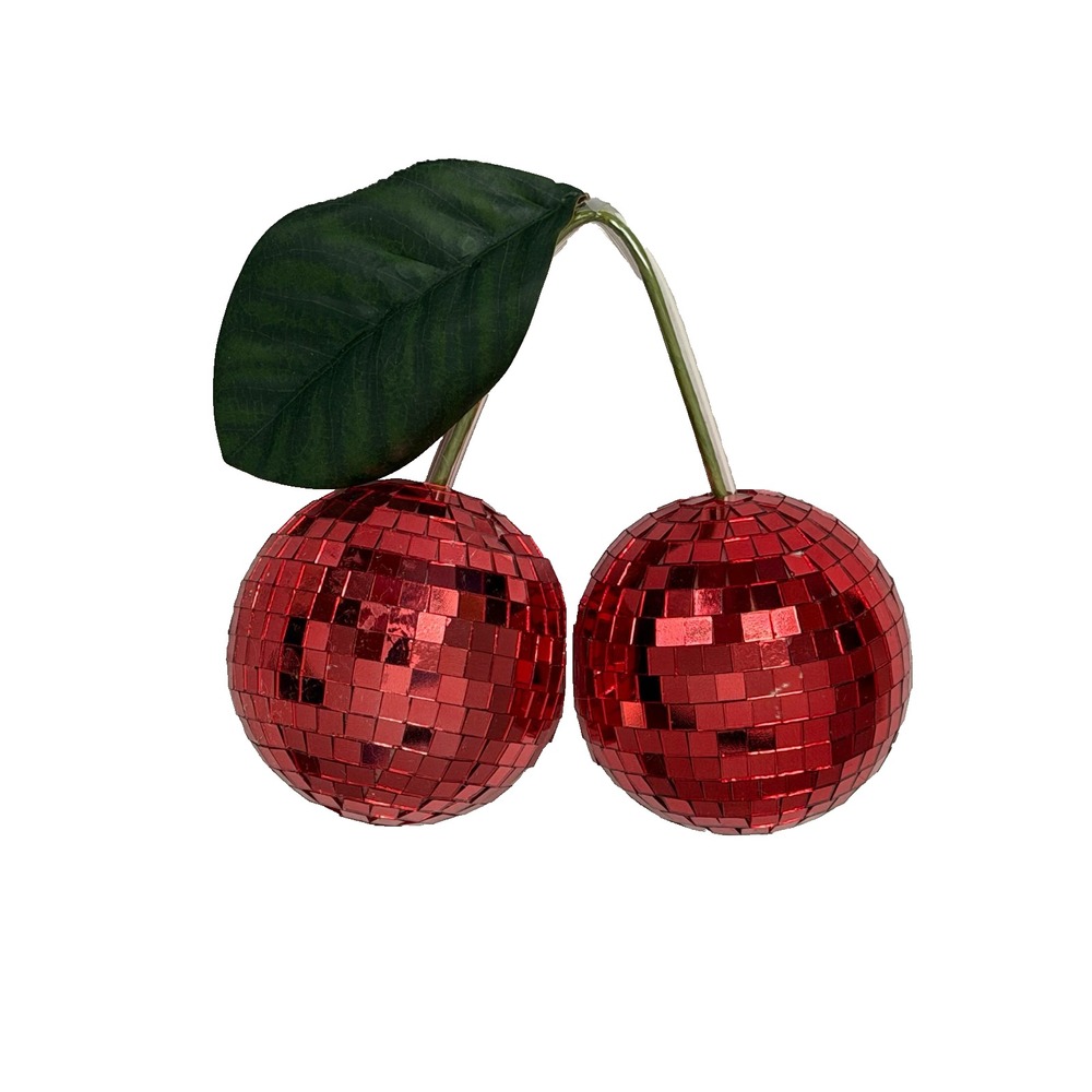 Cherry Disco Ball Art Red Hanging Retro Reflective Mirror Decoration 8" x 7.5"